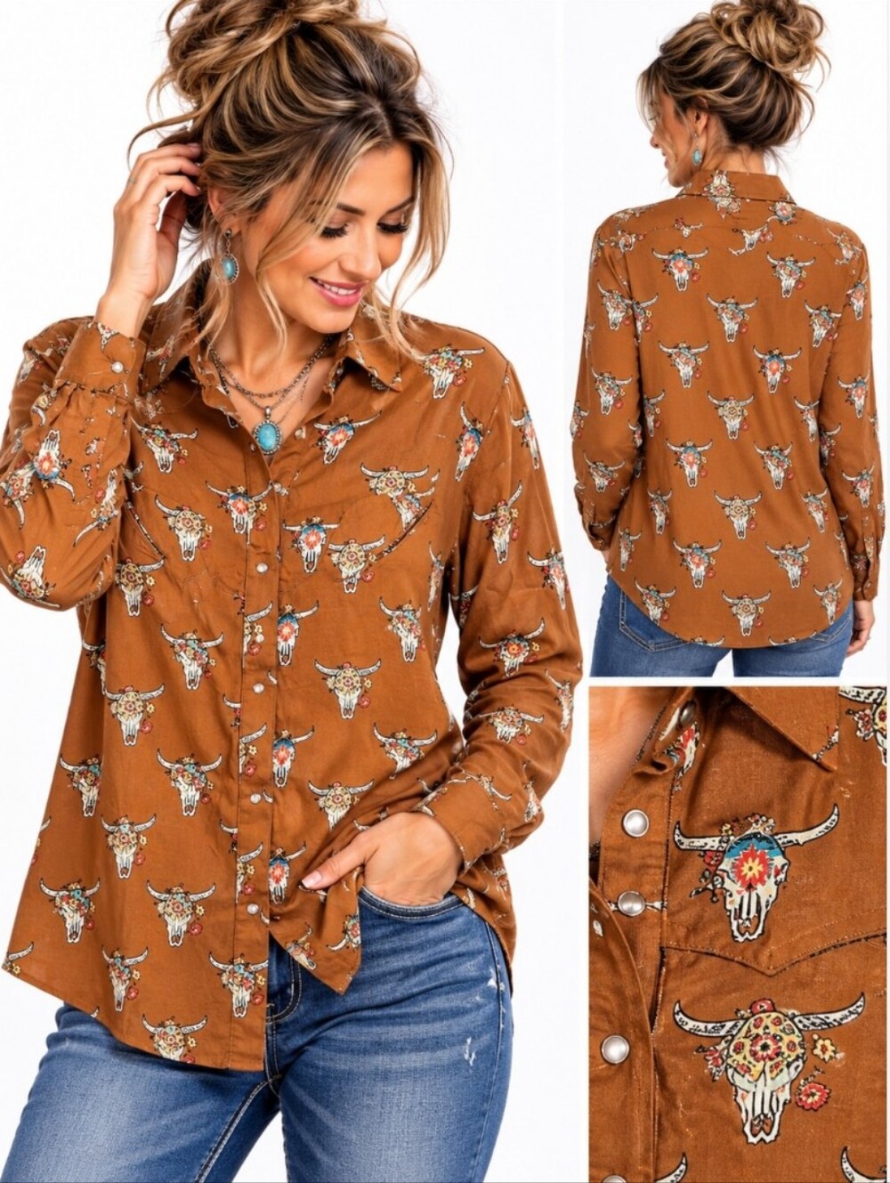 Roper Western Long Sleeve Shirt Brown Steer Skull Print Pearl Snap
